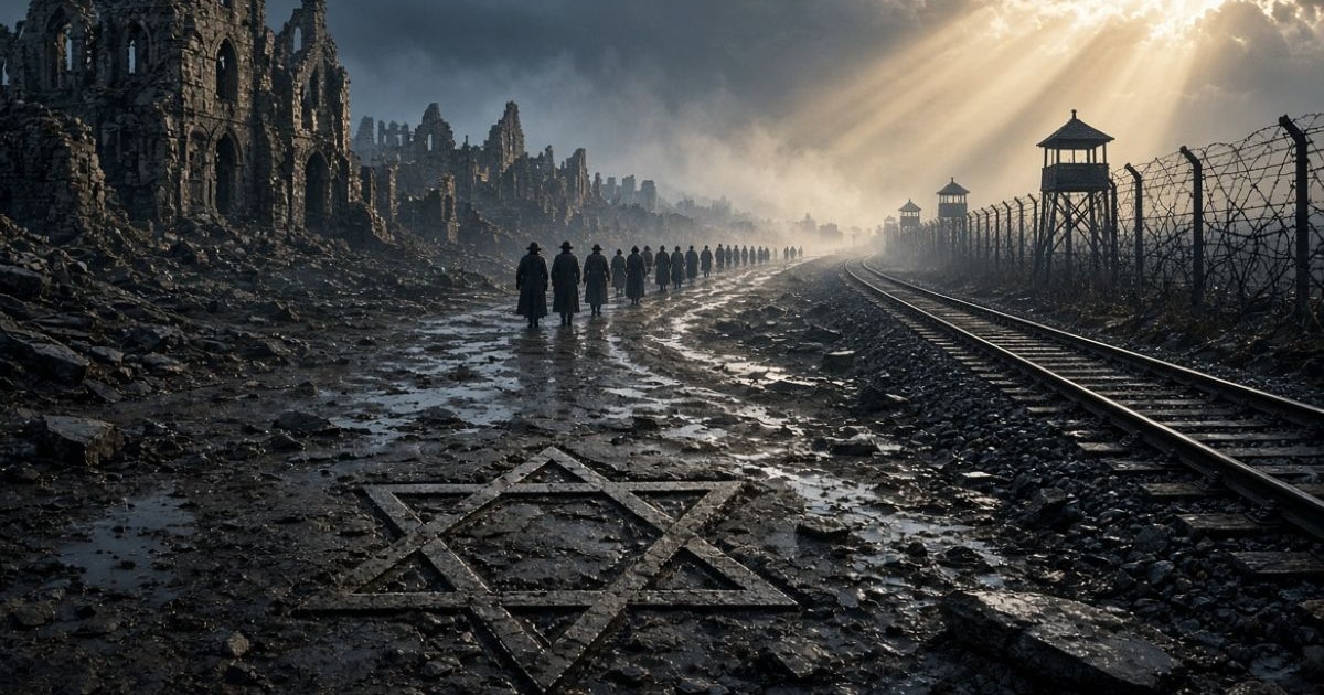 Ruines médiévales, cortège de silhouettes, étoile de David brisée, voies ferrées et miradors symbole de l’histoire des persécutions juives jusqu’au génocide nazi.