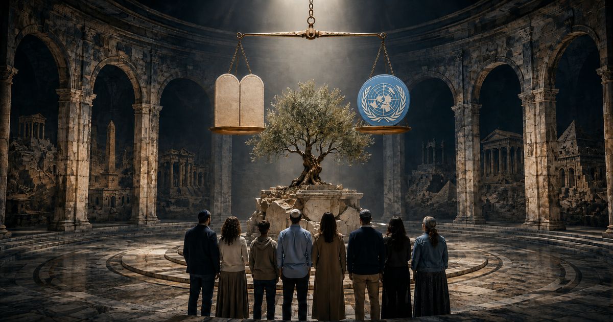 Les Tables de la Loi et le symbole de l’ONU reposent sur une balance au-dessus du peuple juif et d’un olivier.
