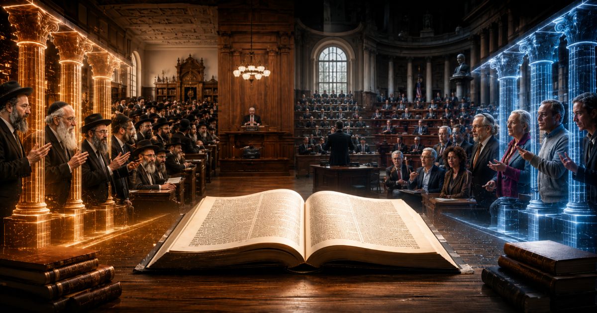 Un Talmud ouvert relie une maison d’étude traditionnelle à une assemblée moderne, symbolisant la transmission du débat, du droit et de la pensée juive à travers les siècles.