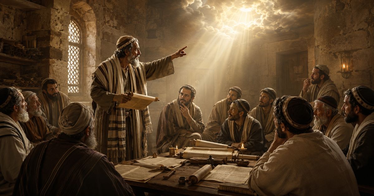 Une assemblée de sages, réunie dans une maison d’étude baignée d’une lumière céleste, symbolise le moment où la révélation éclaire le débat mais laisse à l’homme la responsabilité de trancher.
