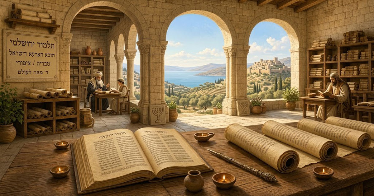 Scène d'étude dans une maison d'étude antique en Terre d'Israël. Au premier plan, une table en bois massif présente un livre ouvert rédigé en caractères hébraïques, plusieurs rouleaux de parchemin, un stylet et de petites lampes à huile allumées.