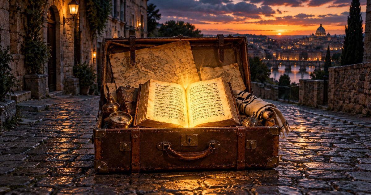 Un Tanakh ouvert, rayonnant de lumière dorée dans une malle ancienne, symbolise la transmission juive à travers l’exil.