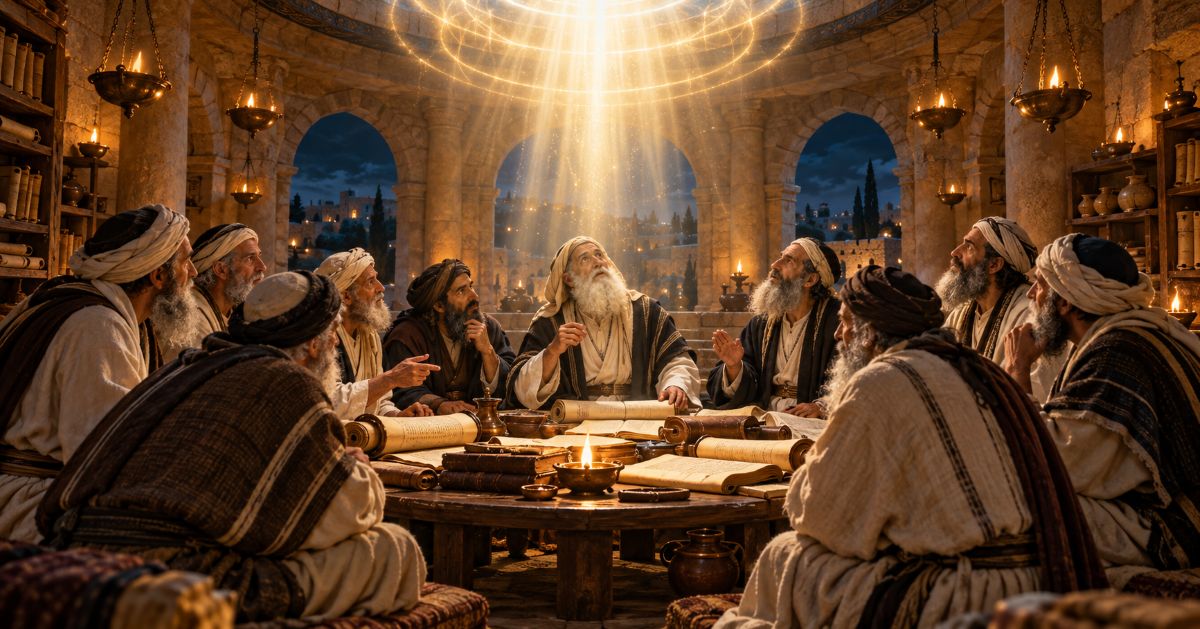 De grands Tannaïm, modestement vêtus et assis en cercle autour des rouleaux de la Torah, interrompent leur étude lorsqu’une voix lumineuse descend du ciel.