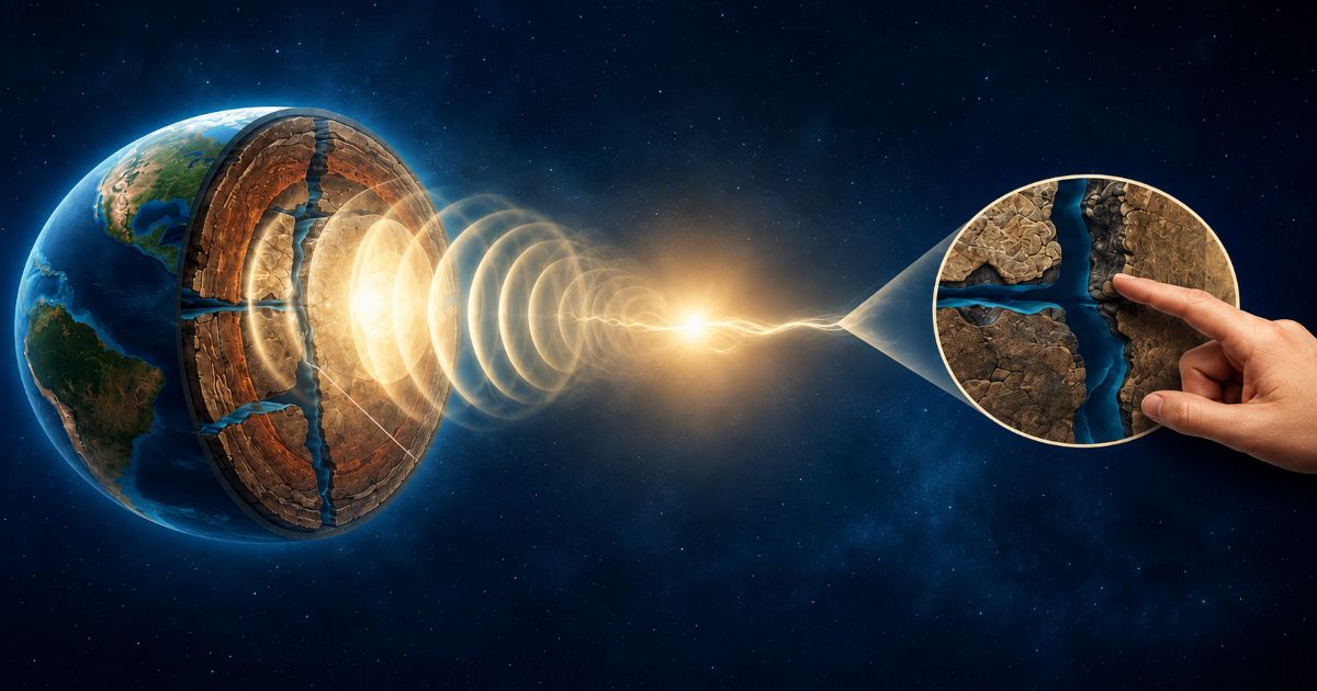 Coupe de la Terre montrant des ondes sismiques se propageant vers une fissure à la surface.
