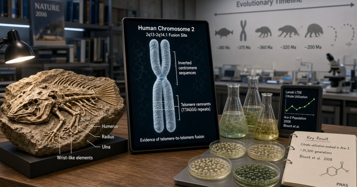 Scène de laboratoire scientifique montrant le fossile de Tiktaalik avec membres intermédiaires, le diagramme de fusion du chromosome 2 humain et des cultures d’E. coli de l’expérience de Lenski.