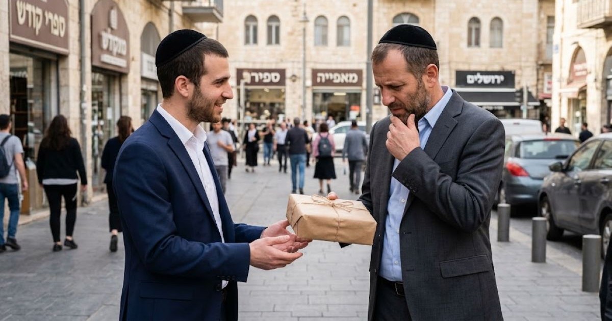 Deux hommes juifs portant des kippas et des costumes discutent dans une rue de Jérusalem, l'un d'eux tenant un paquet cadeau et semblant hésitant.