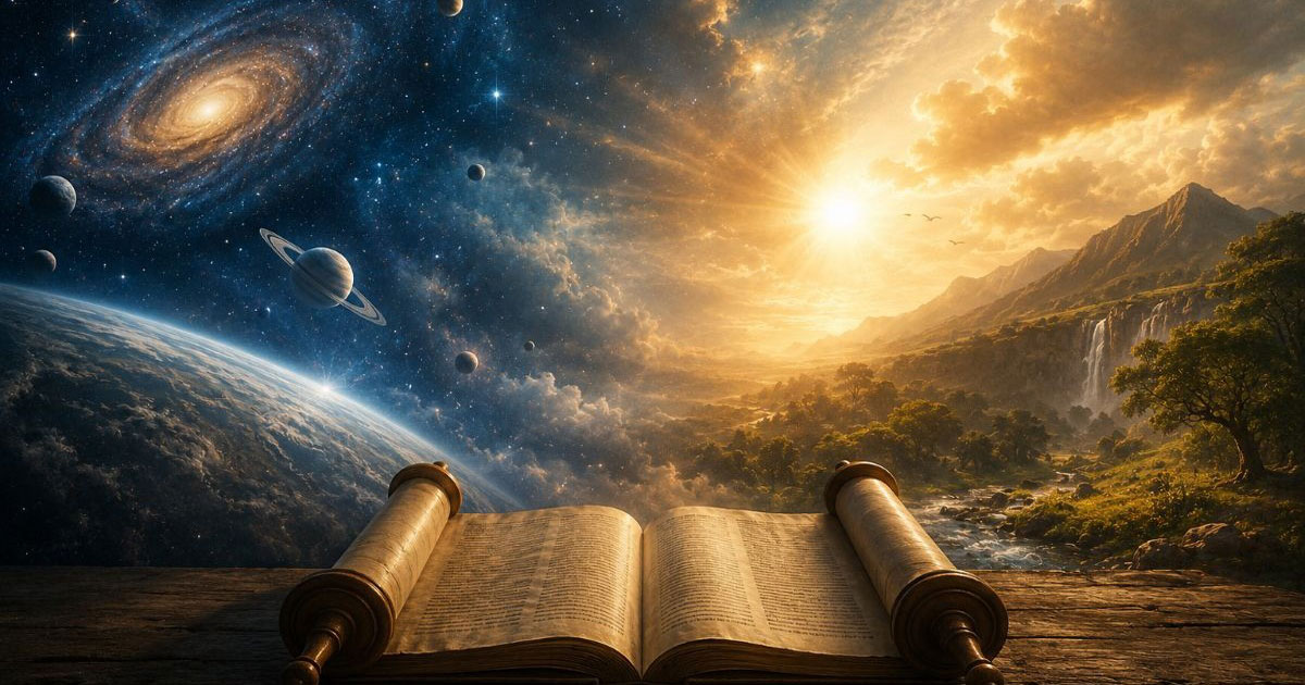 Un rouleau de Torah ouvert sous un ciel de galaxies.