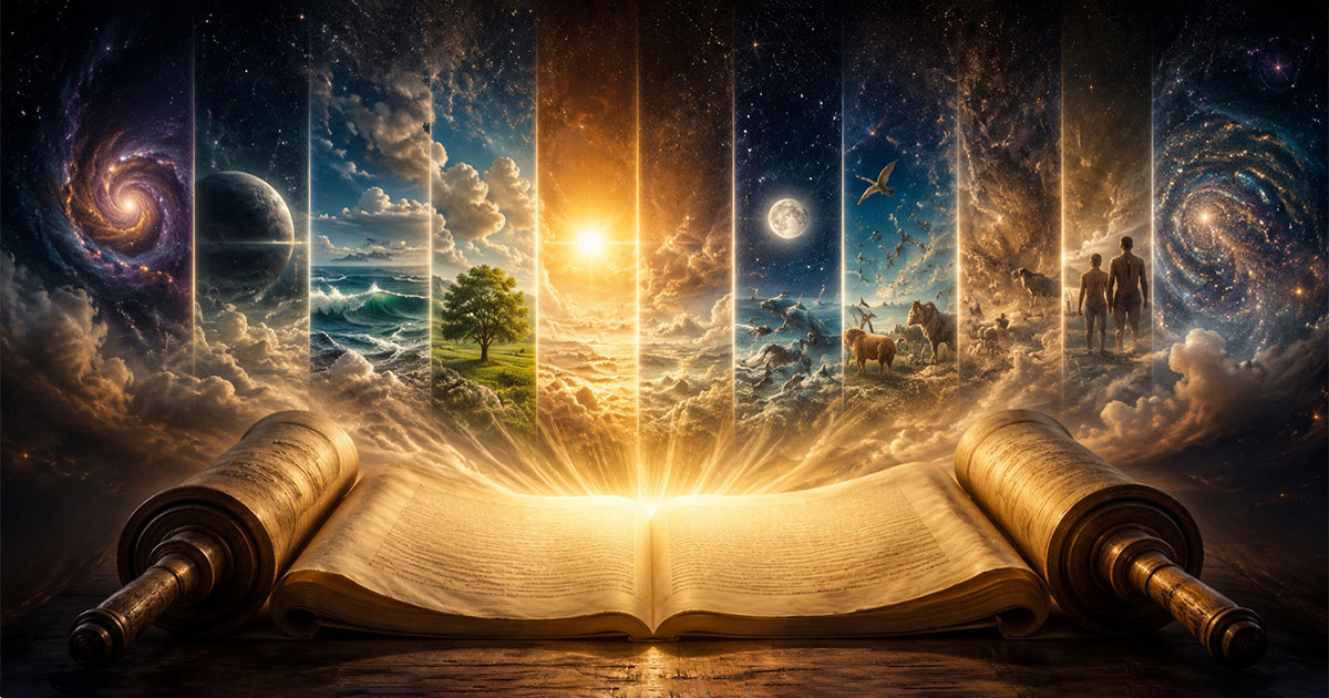 Parchemin de Torah ouvert face à un paysage cosmique et terrestre, où des orbites, des planètes et des structures évoquant la science convergent vers une lumière centrale, pour symboliser l’ordre du monde, la finalité et l’articulation entre science et Torah.