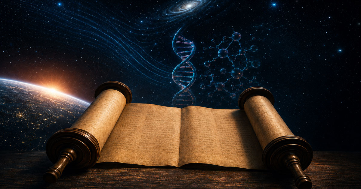 Rouleau de Torah ouvert face à l’Univers, entouré d’une hélice d’ADN et de structures moléculaires, symbole du dialogue entre science, information et parole créatrice.