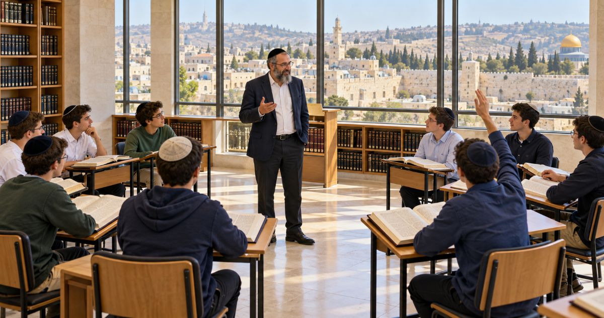 Illustration d’un maître juif enseignant à de jeunes élèves dans un beit hamidrach, avec Jérusalem visible à travers les fenêtres.