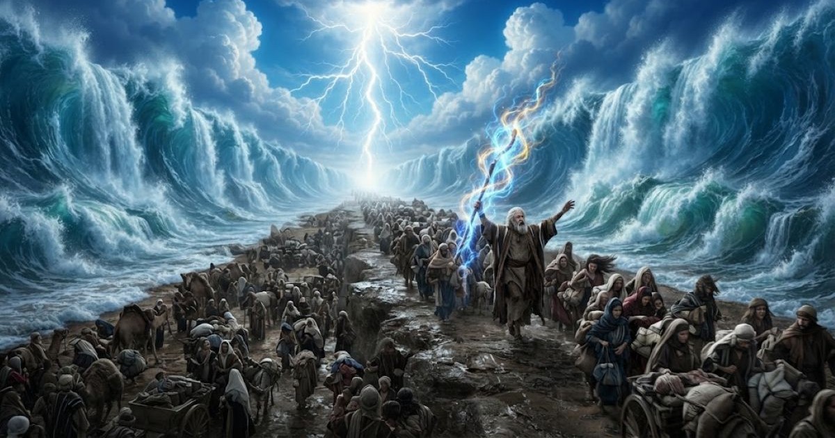Foule traversant la mer Rouge séparée par un vent puissant et un éclat céleste, scène biblique ultra réaliste.