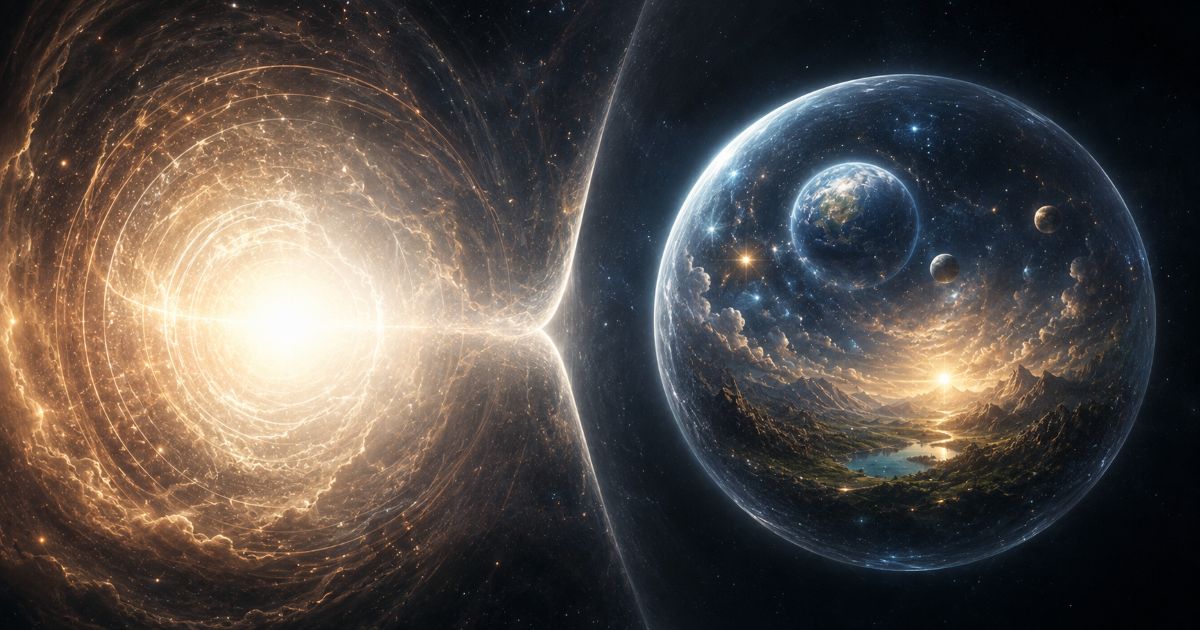 Une lumière immense demeure présente à la source, mais son rayonnement est progressivement contenu par une limite translucide. À droite, un monde fini peut alors apparaître dans un espace structuré, sans suggérer que D-ieu aurait quitté un lieu. L’image symbolise ainsi le Tsimtsoum comme limitation de la révélation divine, et non comme retrait spatial.