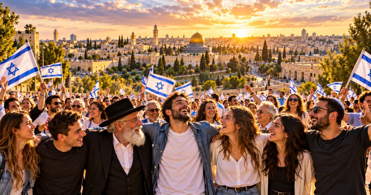 Illustration générée par intelligence artificielle représentant une foule de Israéliens unis bras dessus bras dessous, brandissant des drapeaux d'Israël avec Jérusalem en arrière-plan.