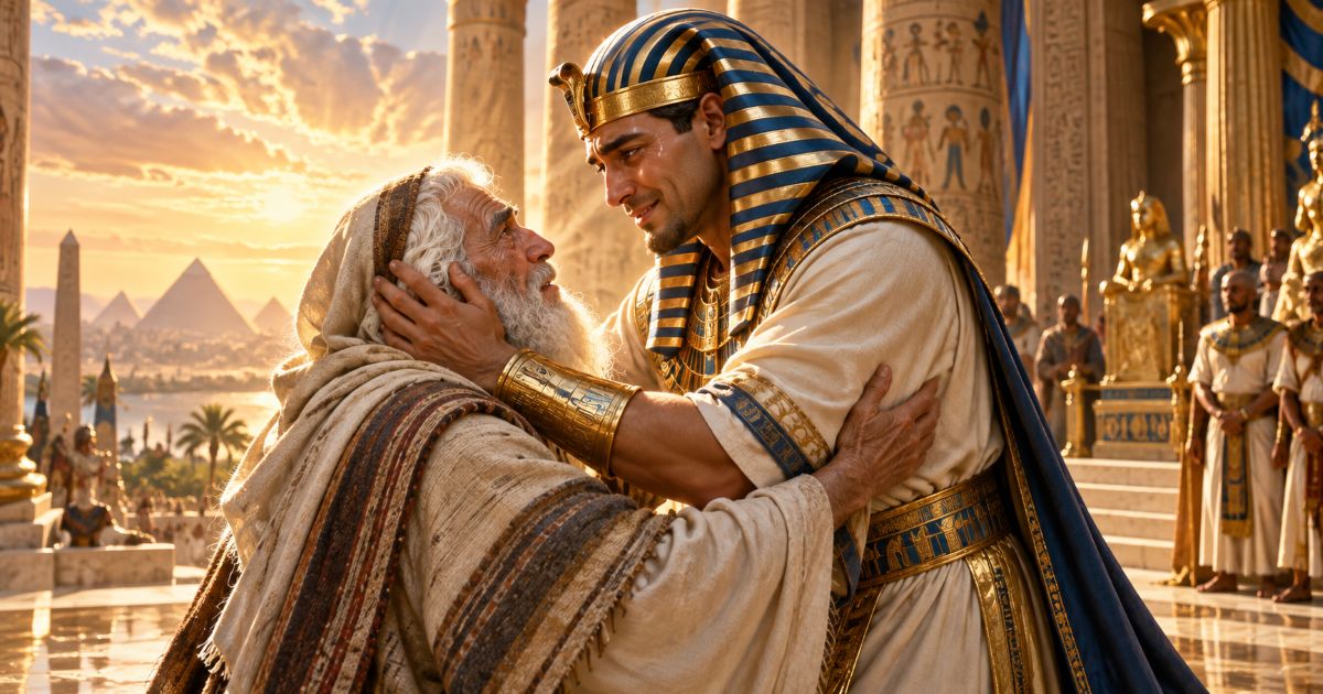Yaakov Avinou retrouvant son fils Yossef en Égypte, dans une scène de retrouvailles émouvante devant un palais égyptien, avec une aura sainte au-dessus de la tête de Yaakov.
