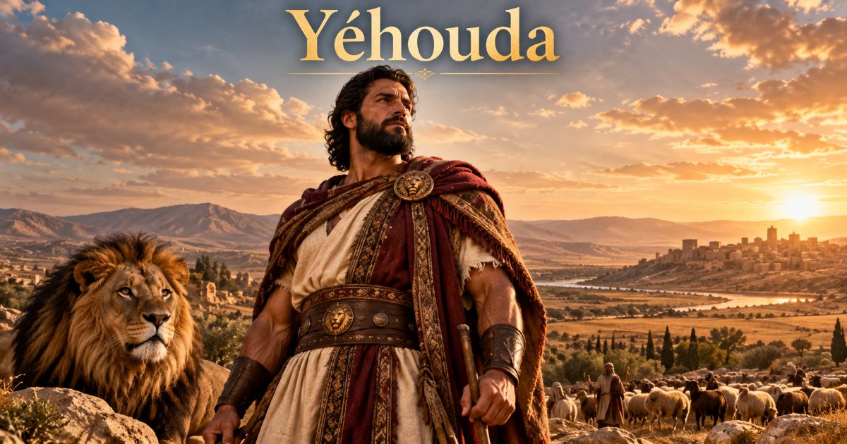 Yéhouda, fils de Yaacov, représenté comme un homme grand et fort sur une plaine biblique, avec son nom inscrit au-dessus de lui.