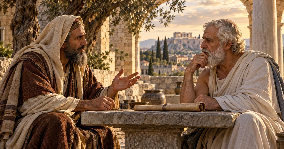 Le prophète Yirmiyahou, la tête couverte, échange avec Platon dans une cour antique, lors d’une rencontre imaginaire.
