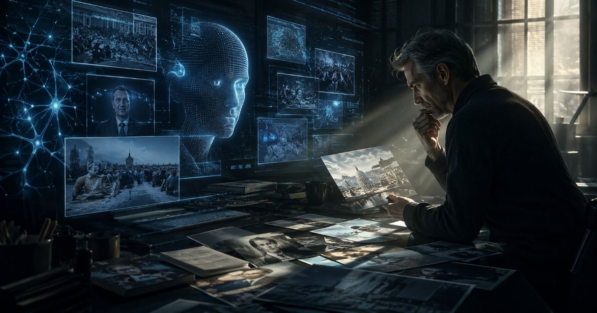 Homme analysant des images produites par une intelligence artificielle dans un bureau sombre, symbole du danger d’un vraisemblable séparé de la vérité.