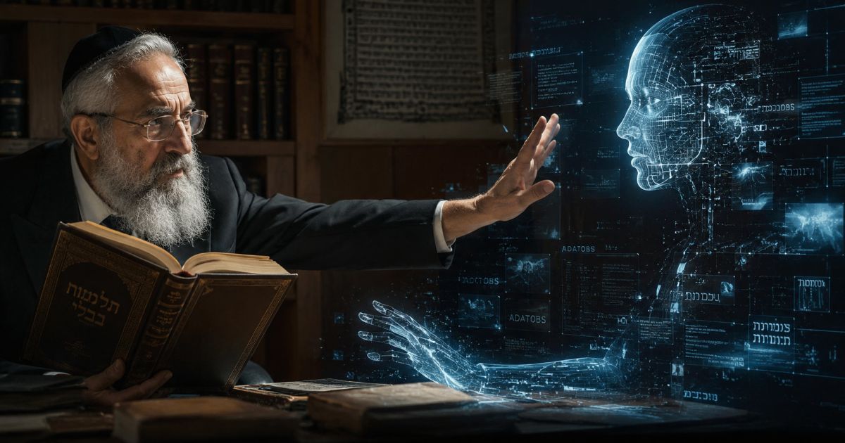Un Rav âgé, assis dans une bibliothèque d’étude, tient fermement sa Guemara ouverte tandis qu’il repousse d’un geste calme une intelligence artificielle lumineuse face à lui.