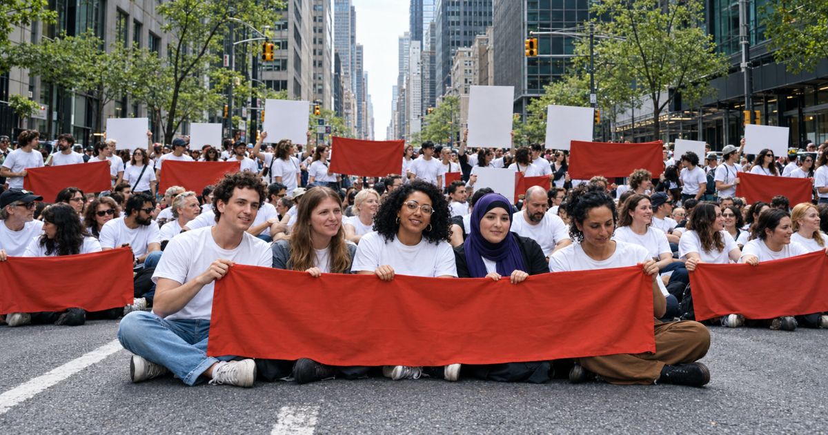Manifestants progressistes assis au milieu d'une rue à New York, tenant des bannières rouges unies et des pancartes.
