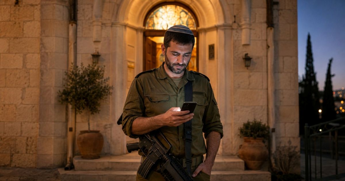 Un soldat de Tsahal répond au téléphone devant la synagogue un jour de fête