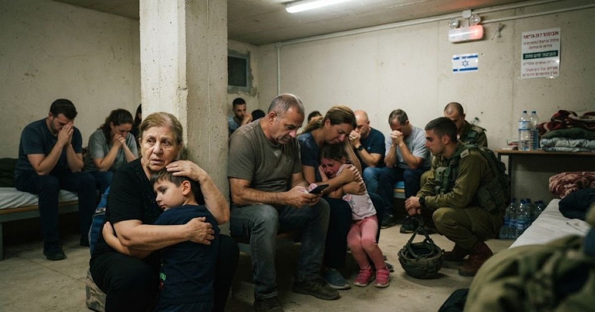 Photographie d'un abri anti-aérien souterrain exigu en Israël, rempli de civils (familles, enfants) et d'un soldat de Tsahal en uniforme complet, tous abrités pendant une attaque imminente.