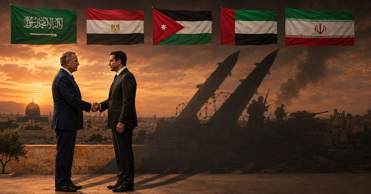 Une poignée de main diplomatique devant Jérusalem contraste avec des missiles, des soldats et plusieurs drapeaux régionaux qui suggèrent une menace dissimulée derrière l’apaisement.