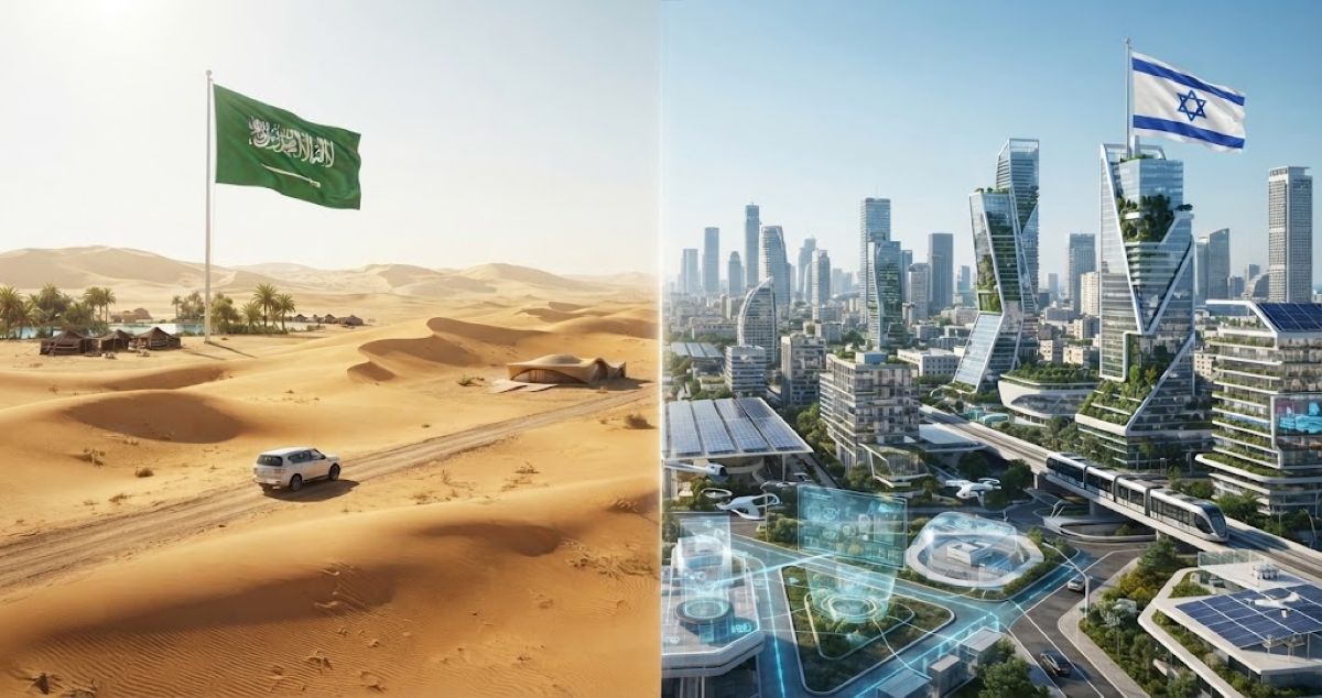 Désert et tradition d'Arabie saoudite à gauche, métropole futuriste d'Israël à droite, avec leurs drapeaux respectifs.