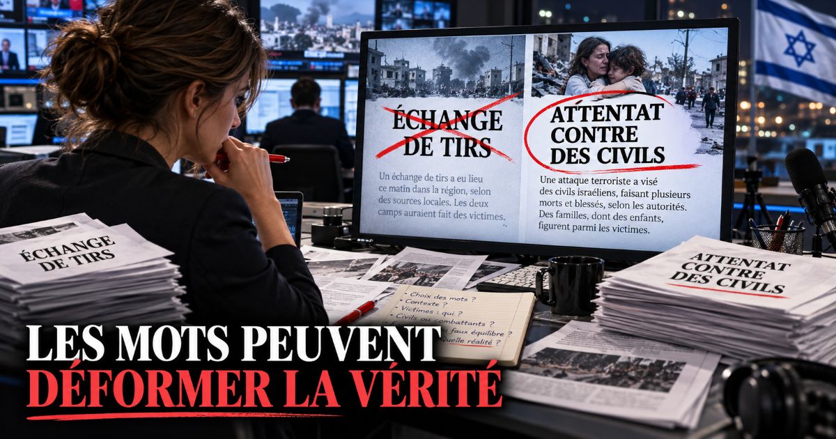 Salle de rédaction illustrant les biais médiatiques envers Israël : les termes « échange de tirs » sont barrés et remplacés par « attentat contre des civils », dénonçant la déformation des faits.