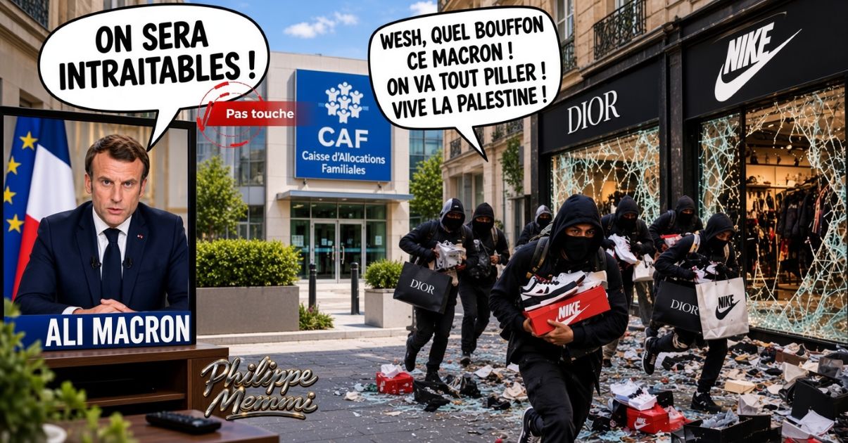 Caricature satirique d’Emmanuel Macron à la télévision déclarant « On sera intransigeants ! » tandis que des casseurs masqués pillent les magasins
