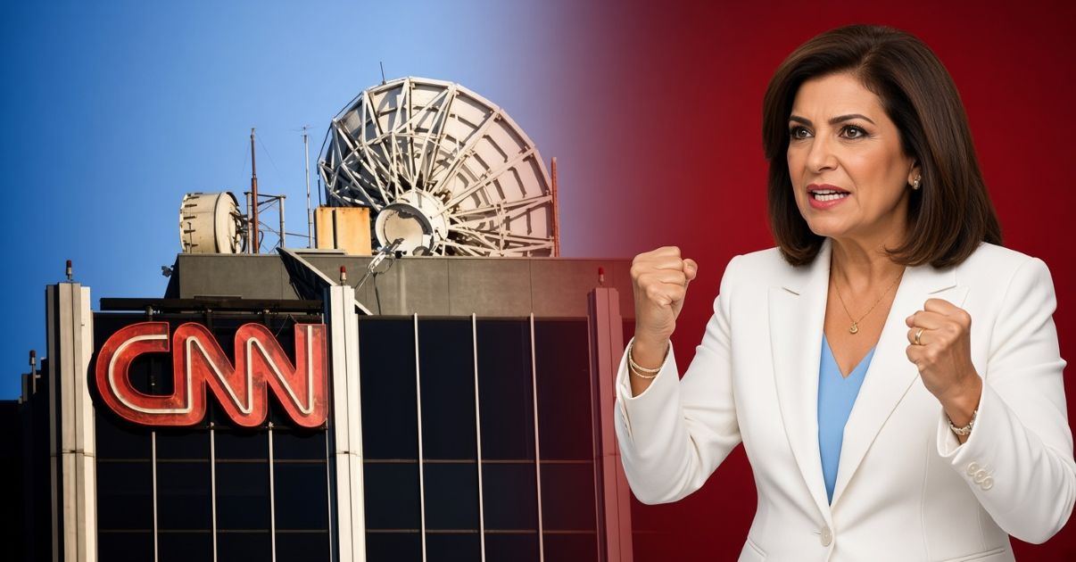 Christiane Amanpour (CNN) enfonçant les poings, fondue avec le logo CNN et l’antenne satellite du siège