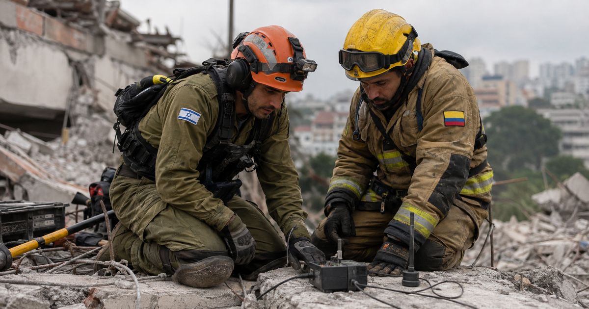 Un spécialiste israélien et un pompier colombien utilisent ensemble un appareil d’écoute pour rechercher d’éventuels survivants.