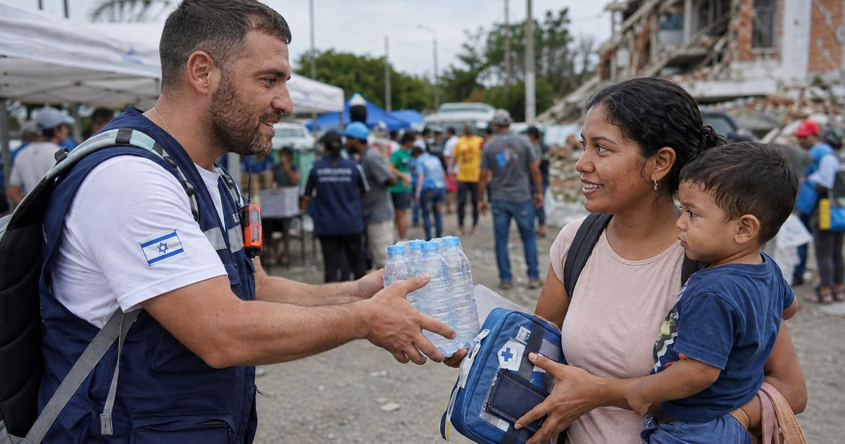 Un humanitaire israélien remet de l’eau et du matériel médical à une mère colombienne accompagnée de son enfant.