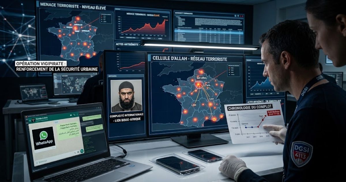 Agent de la DGSI analysant un réseau terroriste islamiste ciblant la communauté juive en France sur des écrans de contrôle.