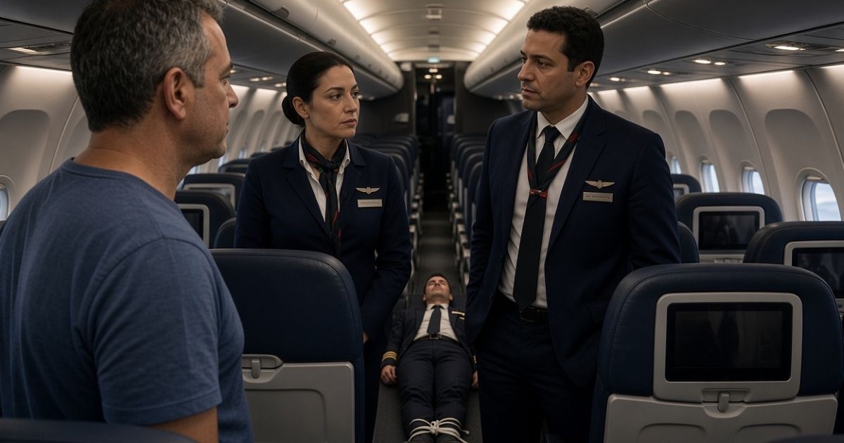 Un passager israélien discute avec deux membres d’équipage Flydubai dans l’allée de l’avion, tandis qu’un pilote est allongé ligoté sur le dos au sol.