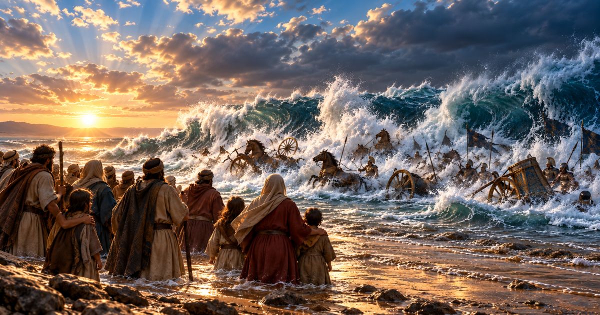 Des familles israélites observent depuis la rive les vagues recouvrir les chars de l’armée égyptienne dans la mer Rouge.