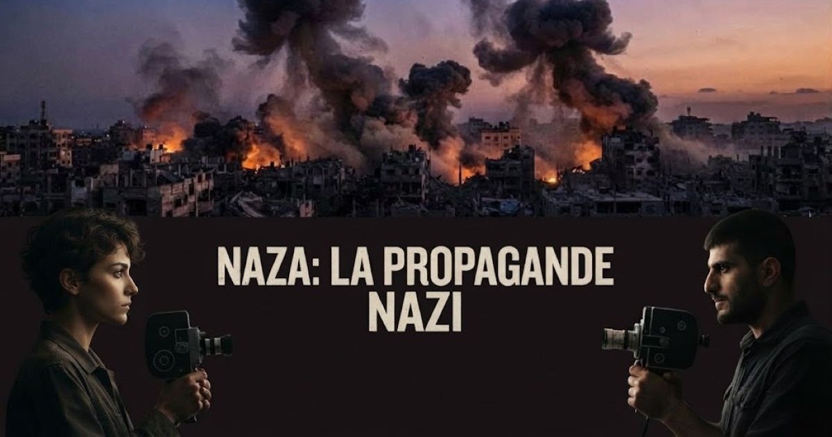 Affiche de film documentaire intitulée 'NAZA: LA PROPAGANDE NAZI', montrant deux cinéastes en contre-plongée se faisant face avec des caméras vintage.