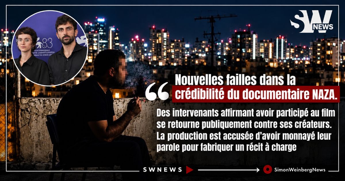 Visuel sur les accusations visant la crédibilité du documentaire NAZA, avec deux portraits et un homme devant une ville de nuit.