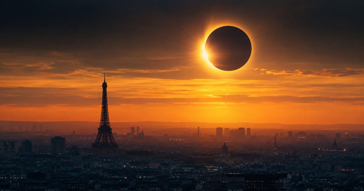 Éclipse solaire spectaculaire au-dessus de Paris avec la tour Eiffel en silhouette, illustrant la rencontre entre phénomène astronomique et réflexion de la Torah.