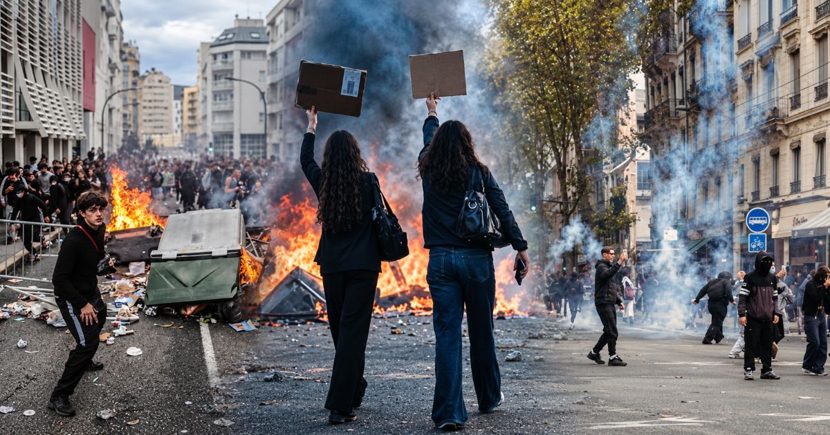 Photomontage de scènes de violences urbaines montrant des manifestants, des poubelles en feu et des rues enfumées.
