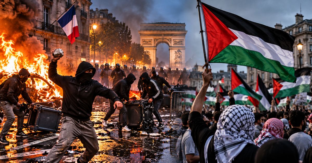 Scène illustrant des émeutes à Paris, avec incendies, manifestants masqués et forces de l’ordre, face à une mobilisation arborant des drapeaux palestiniens près de l’Arc de Triomphe.