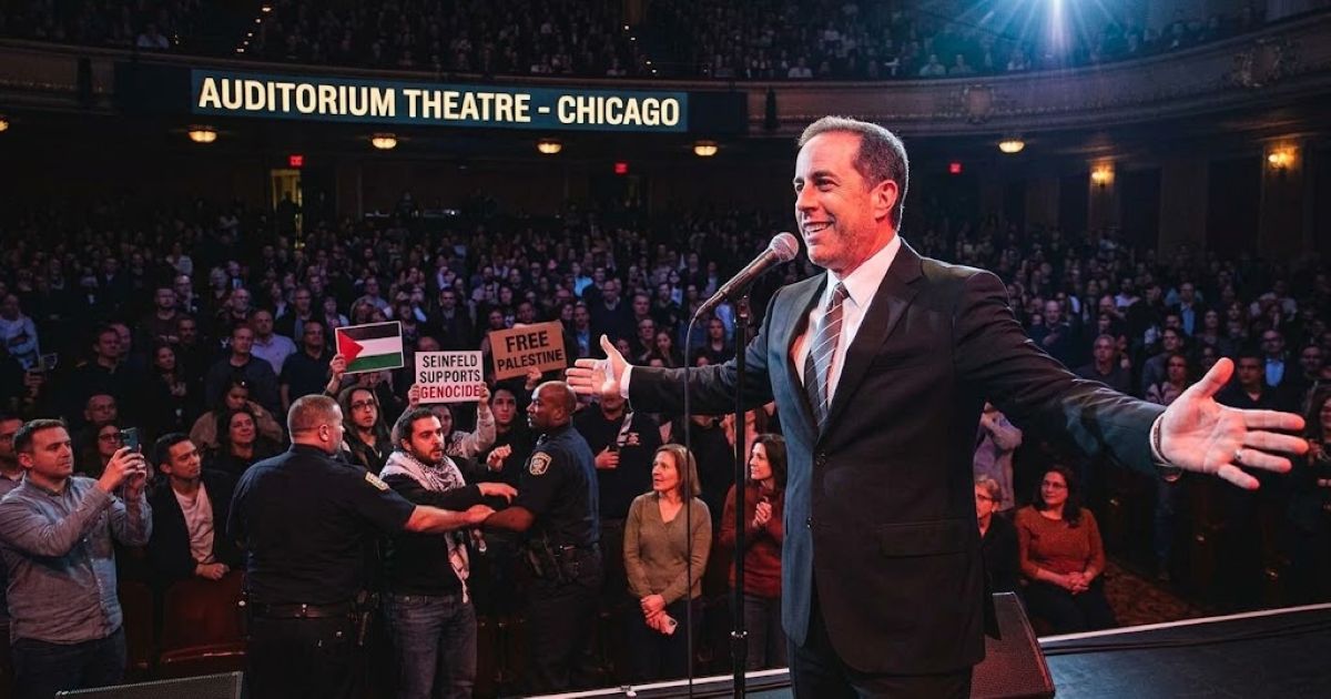L'humoriste Jerry Seinfeld sur la scène de l'Auditorium Theatre à Chicago face à des manifestants pro-palestiniens tenant des pancartes dans la salle.