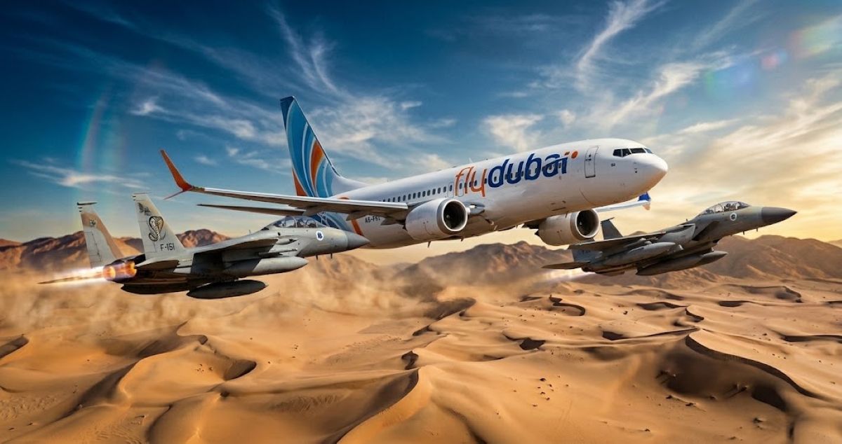Plan cinématographique en vol de deux chasseurs F-15 encadrant de près un avion de ligne Flydubai au-dessus de dunes de sable dans le désert.