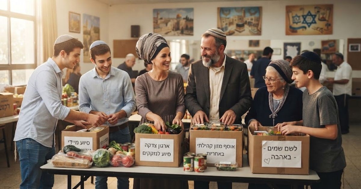Une famille juive, père, mère, grand-mère et deux fils, faisant du bénévolat dans une cuisine de synagogue ou un centre communautaire, préparant des boîtes de nourriture.