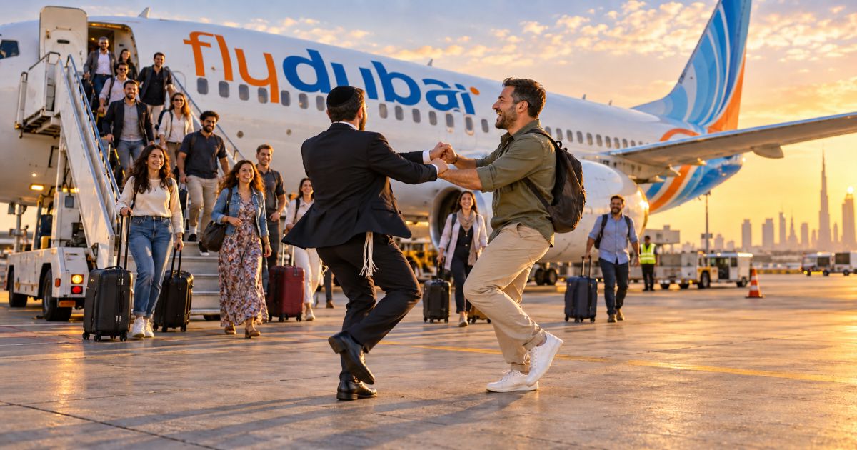 Un homme portant une kippa noire, vu de dos, danse avec un passager devant un avion Flydubai, tandis que des voyageurs descendent de l’appareil.