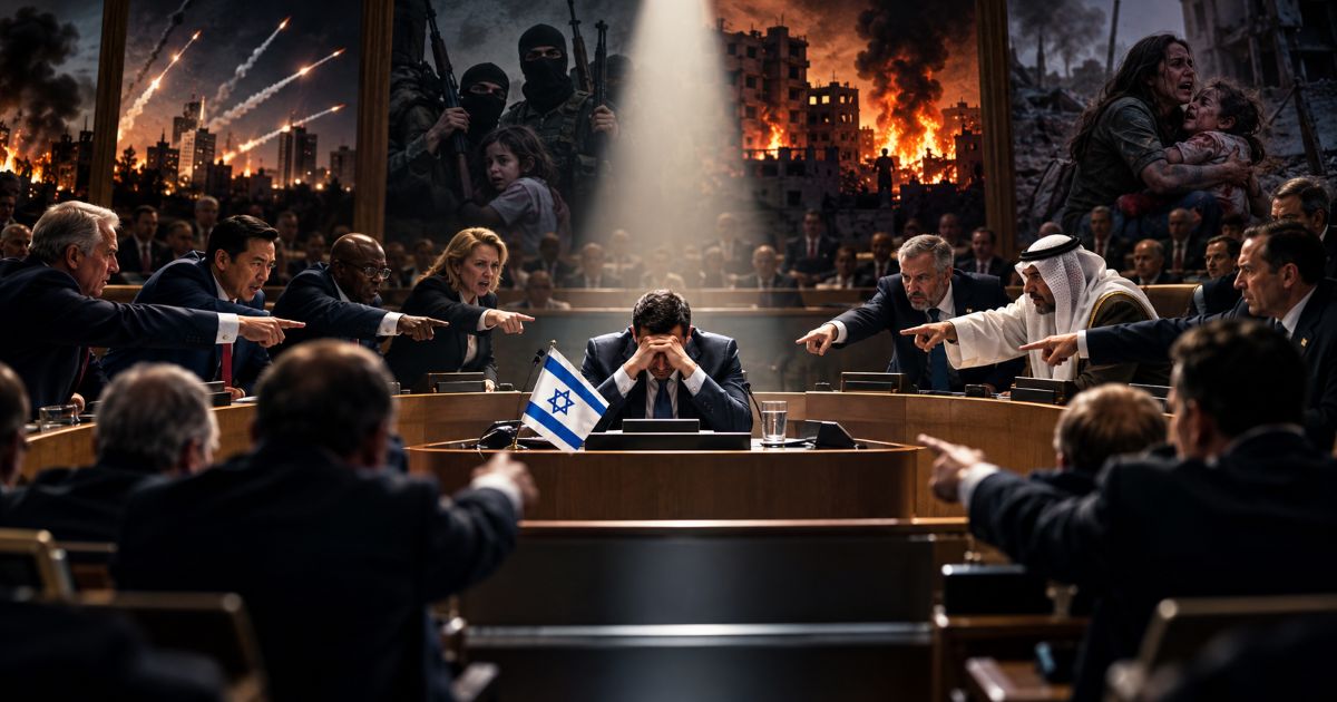 Illustration d’Israël isolé au centre d’une assemblée internationale, entouré de diplomates accusateurs, tandis que des scènes de terrorisme et de guerre apparaissent en arrière-plan.