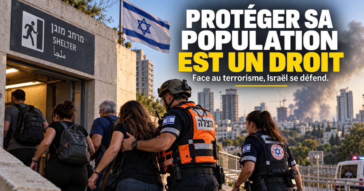 Des civils israéliens guidés par des secouristes vers un abri antiaérien, avec l'inscription Protéger sa population est un droit.