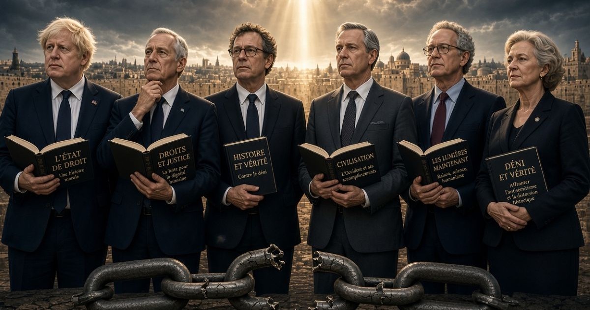 Illustration de personnalités politiques et intellectuelles tenant des ouvrages consacrés au droit, à la justice, à l’histoire et à la vérité, devant Jérusalem.