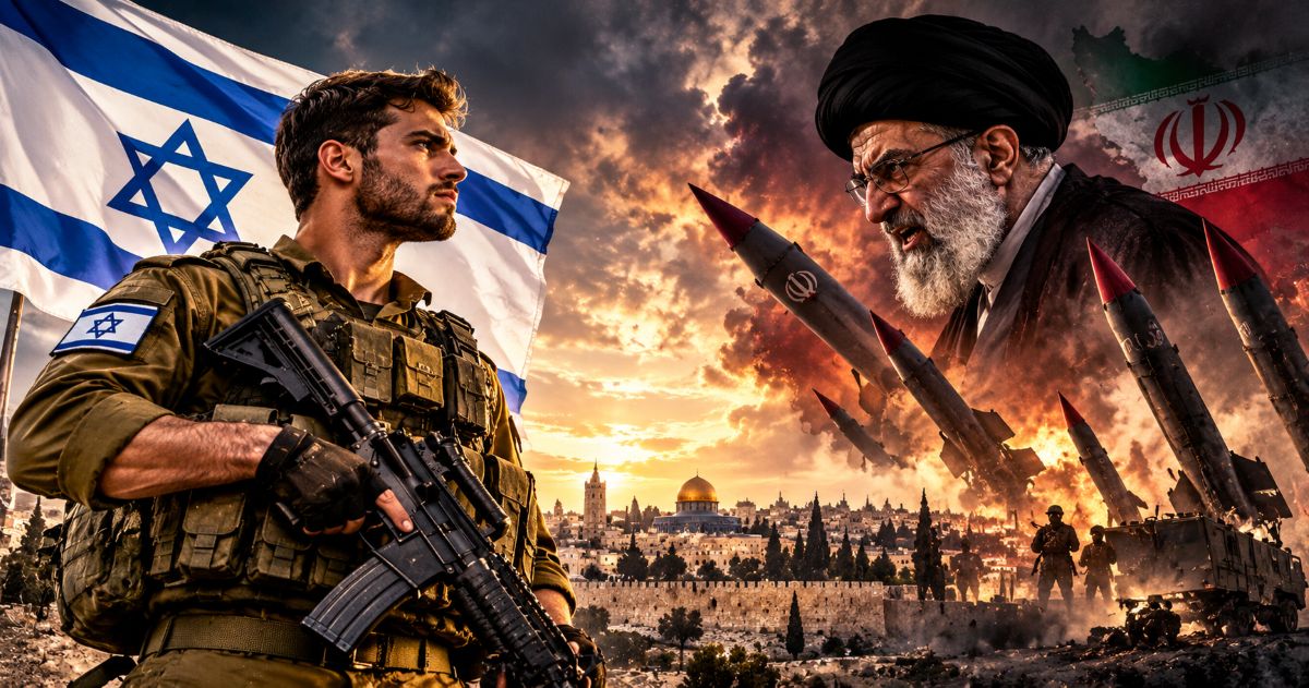 Soldat israélien de Tsahal, déterminé et armé, face à un dirigeant religieux iranien menaçant, entouré de missiles, avec Jérusalem et les drapeaux israélien et iranien en arrière-plan.