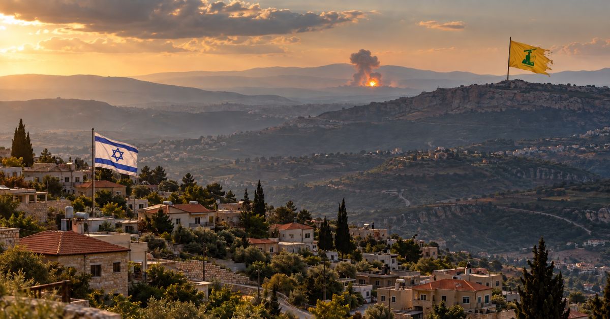 Vue symbolique d’une localité du nord d’Israël avec un drapeau israélien au premier plan, un drapeau déchiré du Hezbollah sur une colline et une explosion lointaine.