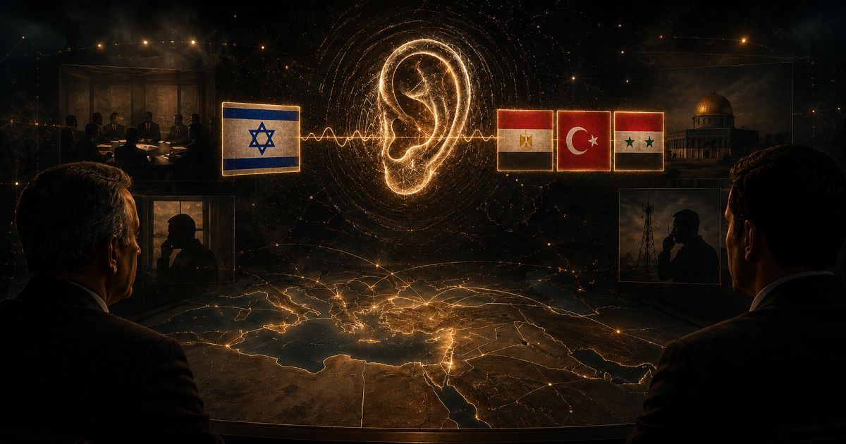 Israël face à l’Égypte, la Turquie et la Syrie autour d’une oreille symbolisant l’écoute, le renseignement et la vigilance stratégique.